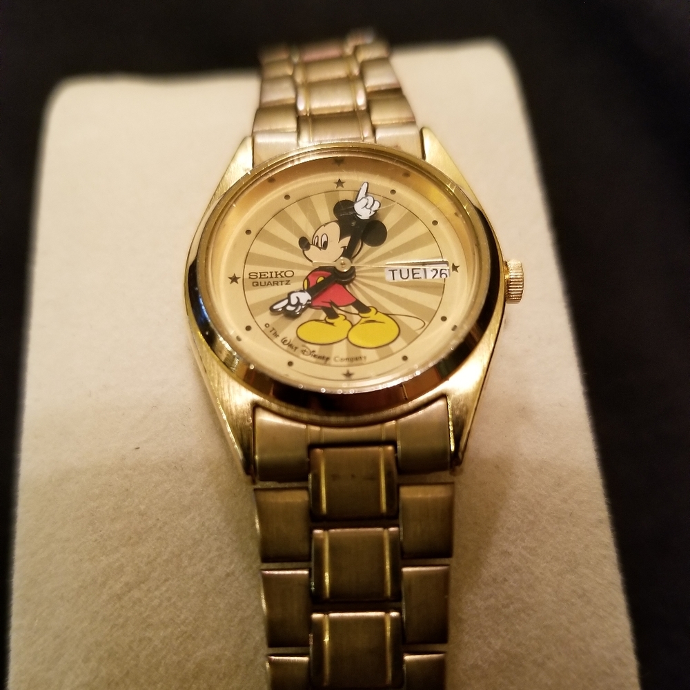 Vintage 1980's Seiko Men’s Gold Mickey Mouse Watch With Starburst Dial, Day & Da